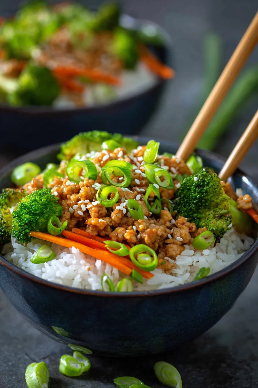 Teriyaki Turkey Rice Bowls (One Pan) - plated dish with garnishes