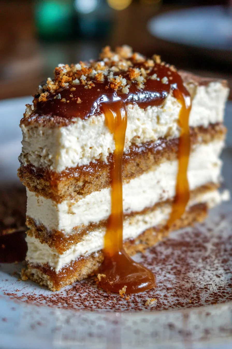 Tiramisu-caramel drizzle-closeup