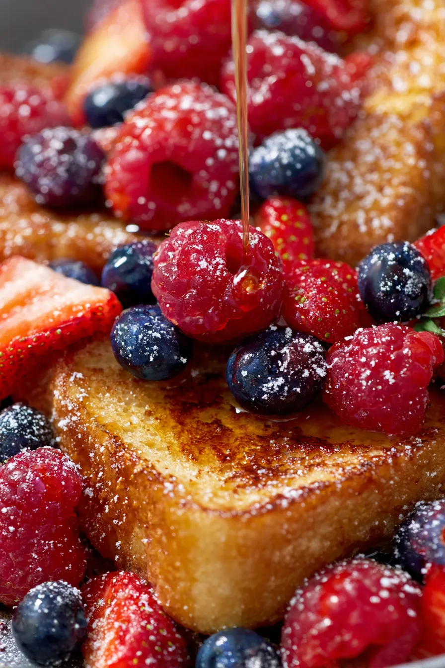 Triple Berry French Toast Skillet with maple syrup drizzle