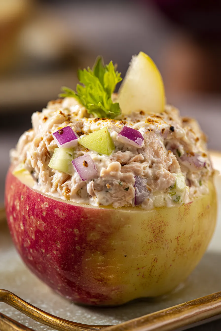 tuna salad bowl with apples overhead