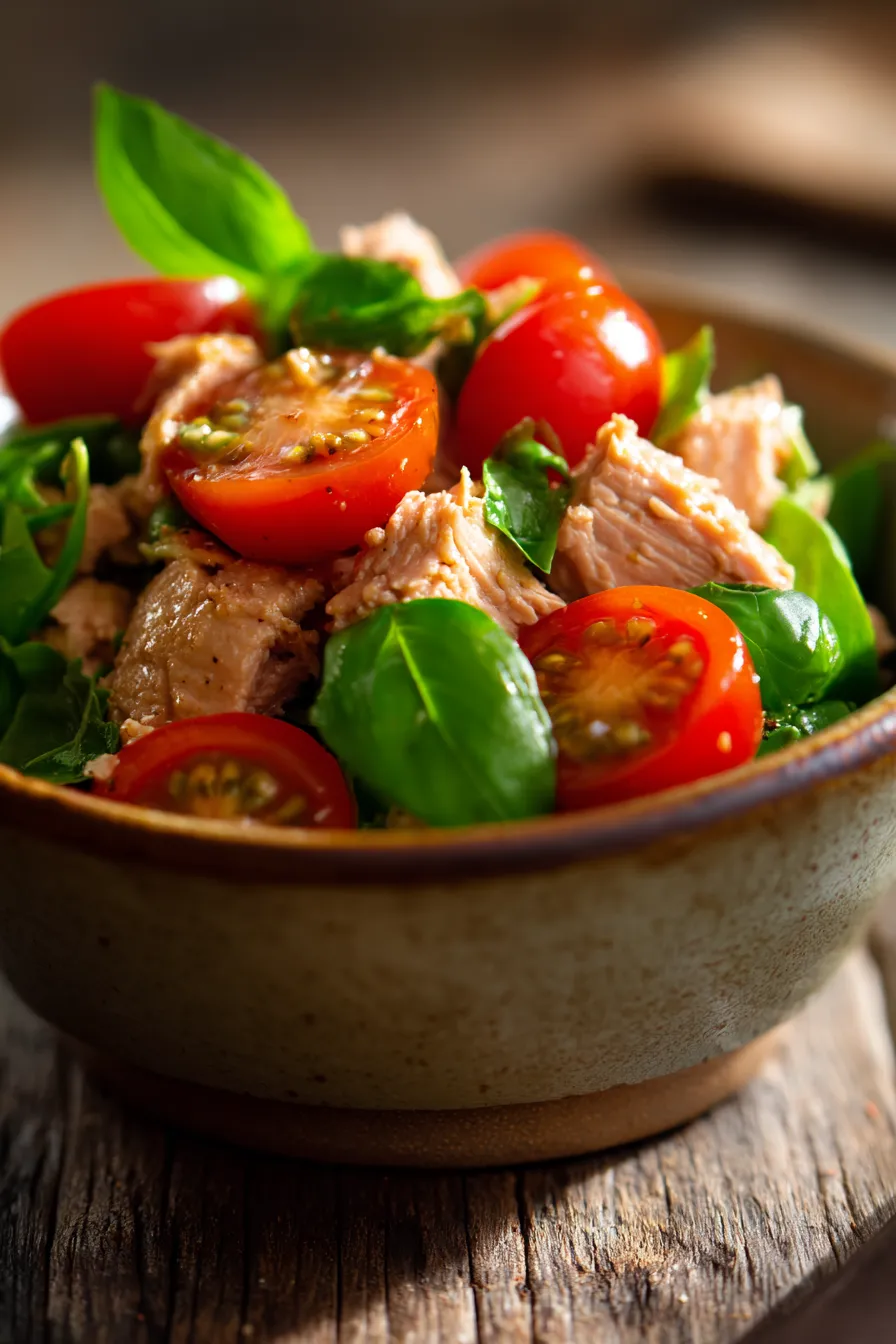 Tuna Salad with Tomato Fresh Basil - creamy texture - close up