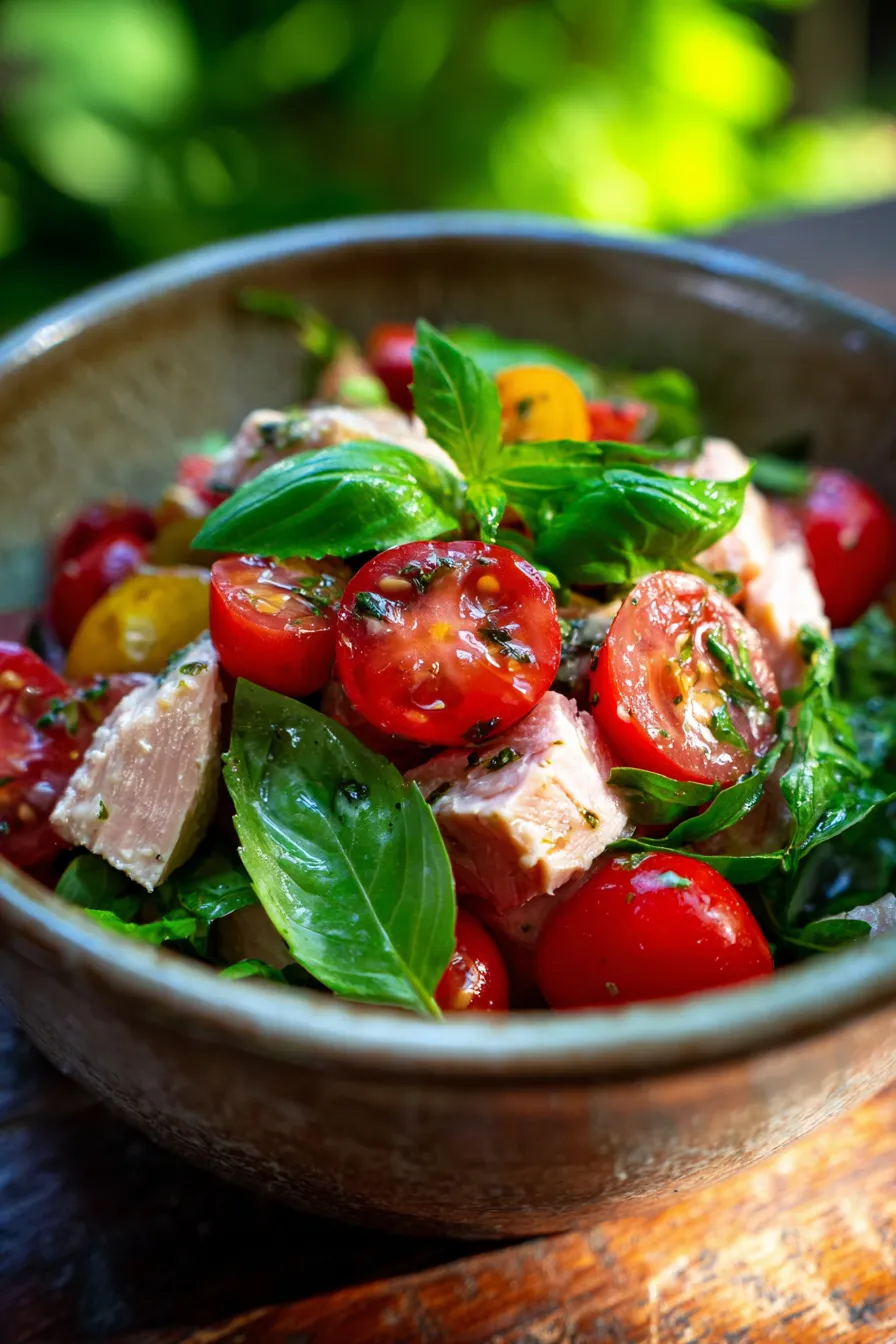 Tuna Salad with Tomato Fresh Basil - fresh ingredients - rustic bowl