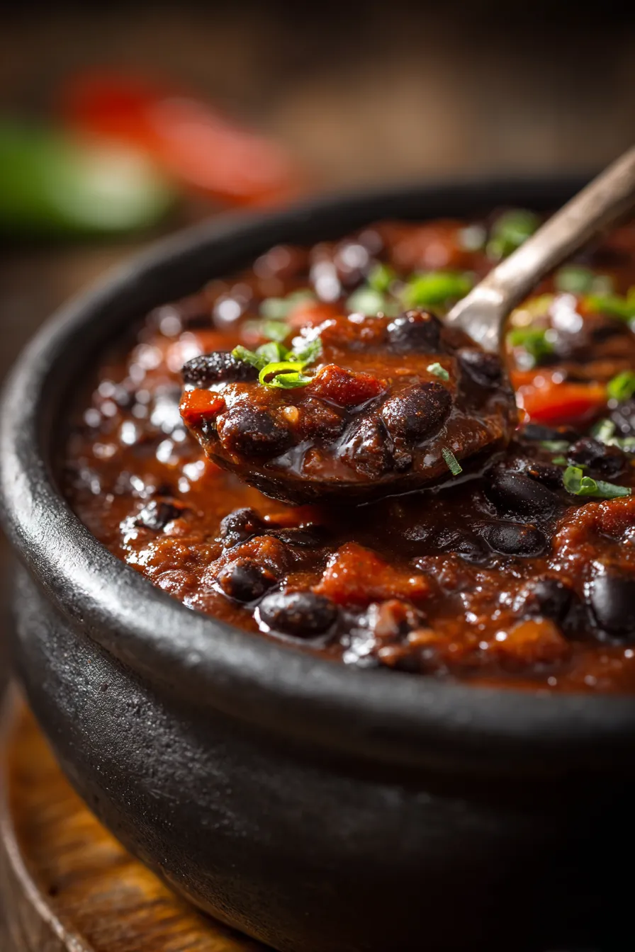vegan black bean chili overhead shot