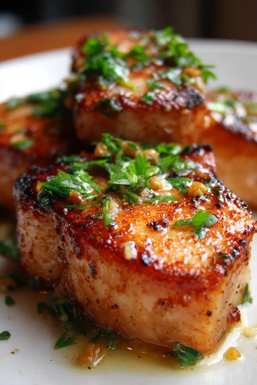 20-Minute Garlic Butter Pork Chops-pan seared-cooking process