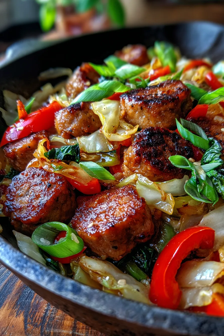 30-Minute Sausage and Cabbage Stir Fry for Families-plated-close-up