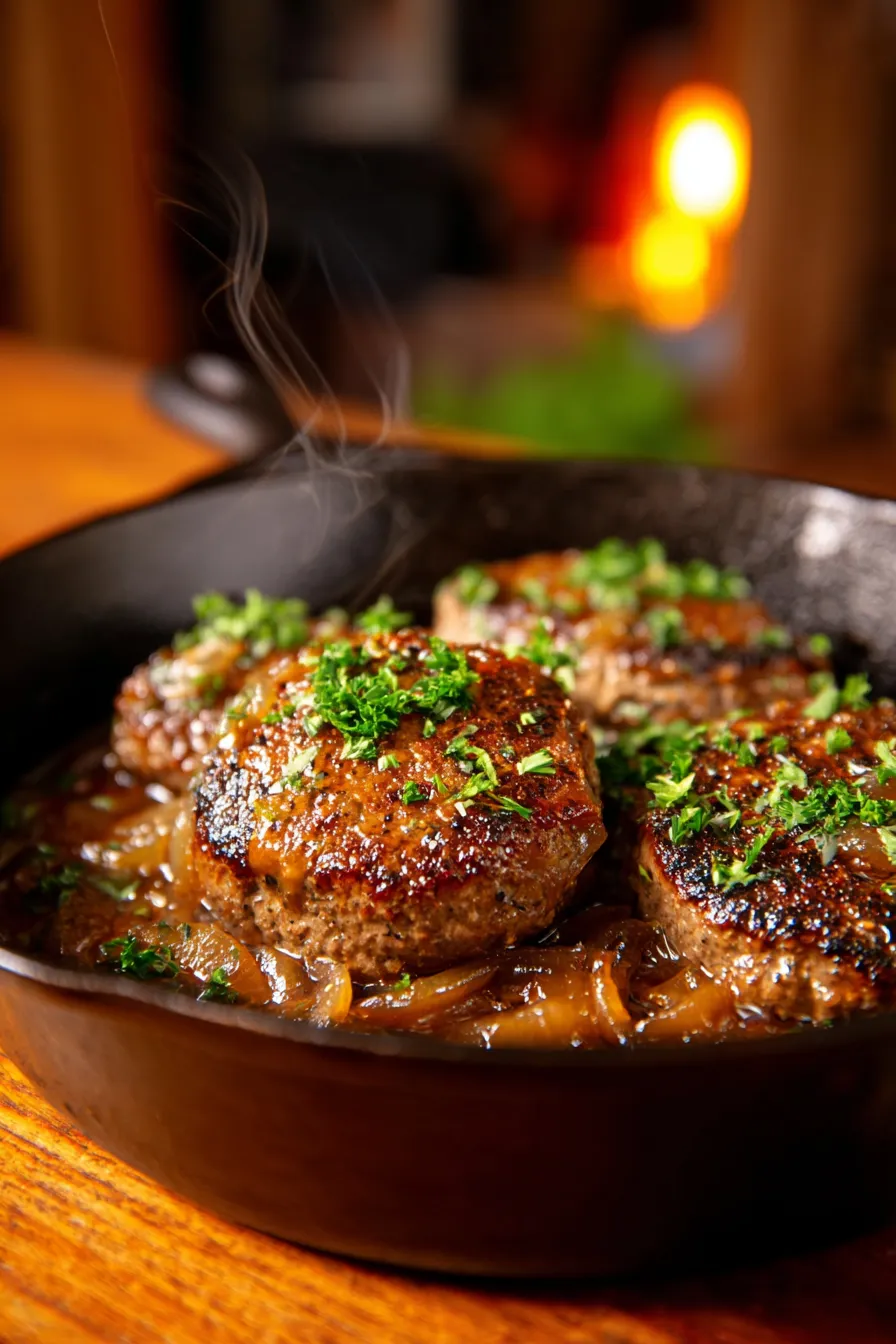 Amish Hamburger Steak Bake baked in casserole dish, bubbly gravy, perfectly cooked patties, comfort food aesthetic