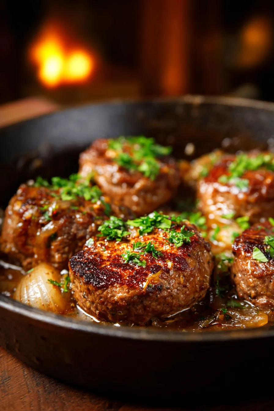 Amish Hamburger Steak Bake close up, juicy steak, glistening onion gravy, steam rising