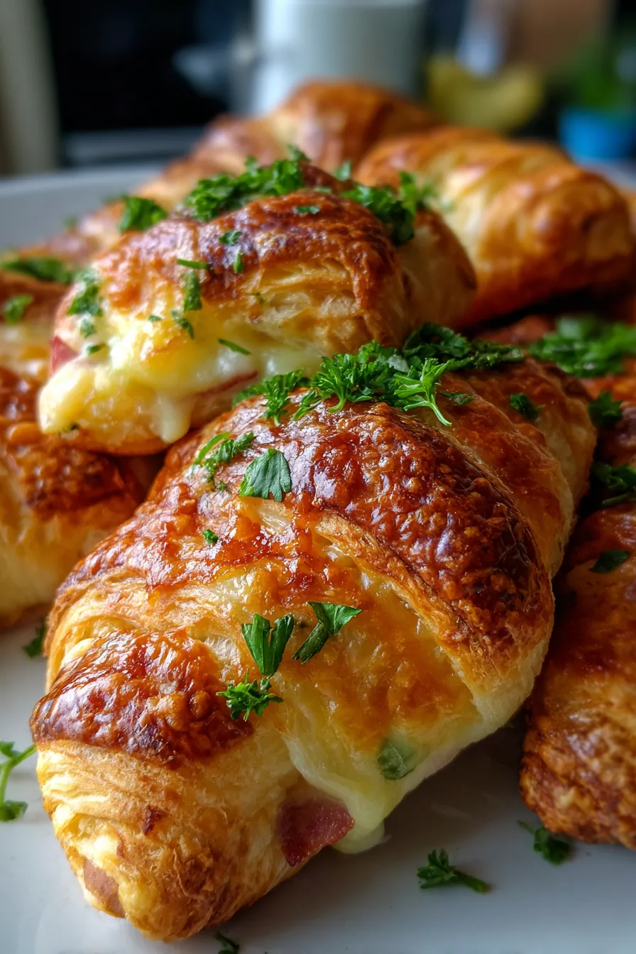 Baked Ham and Cheese Croissants-stacked-serving-plate