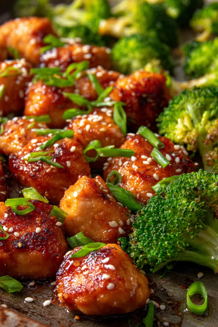 Baked Honey Sesame Chicken (One Pan)-with broccoli-texture