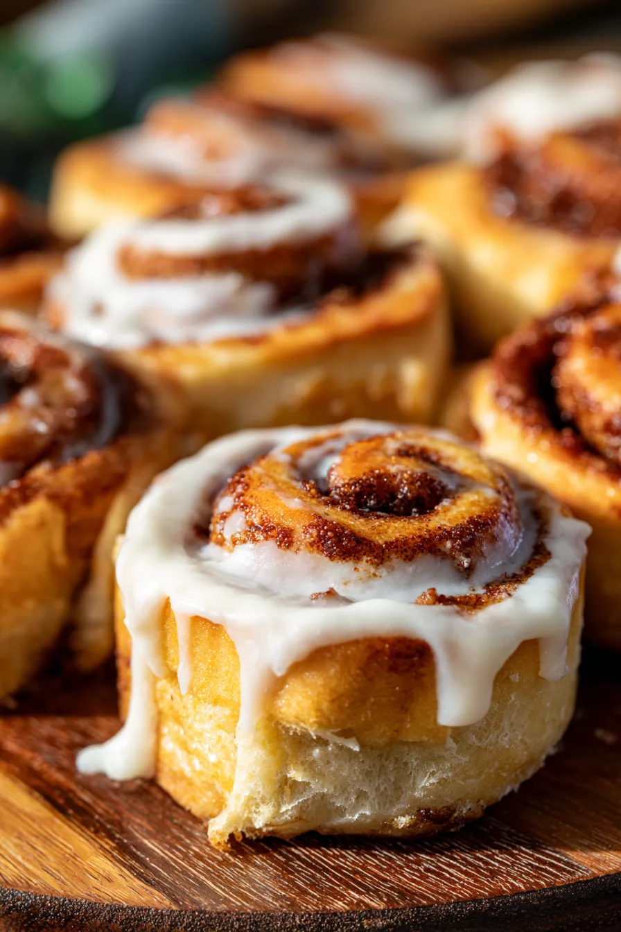 Bakery-Style Homemade Cinnamon Rolls-gooey icing-closeup