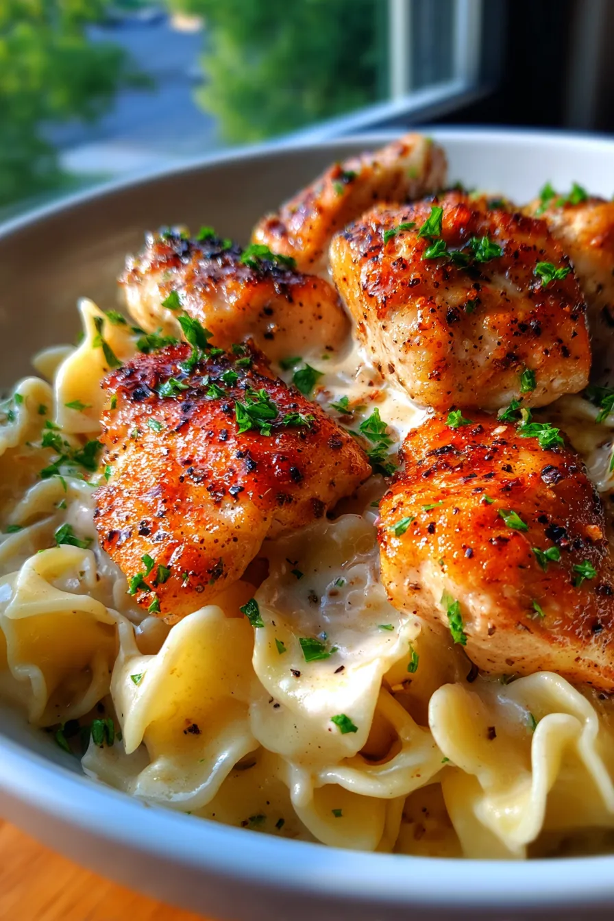 Buttered Noodles with Chicken-serving-bowl-warm-lighting