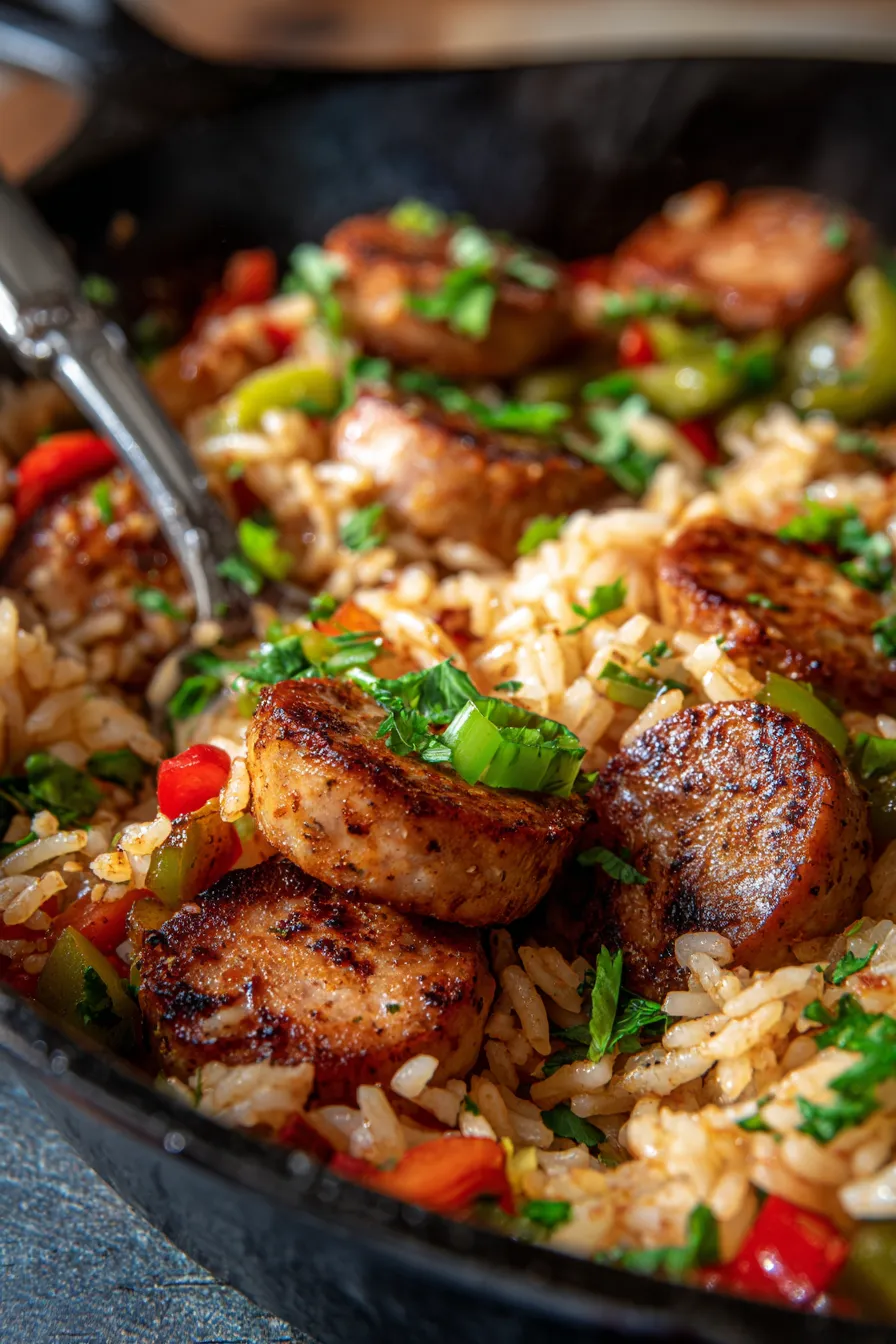 Cajun Sausage and Rice Skillet (One-Pan Dinner)-closeup-texture
