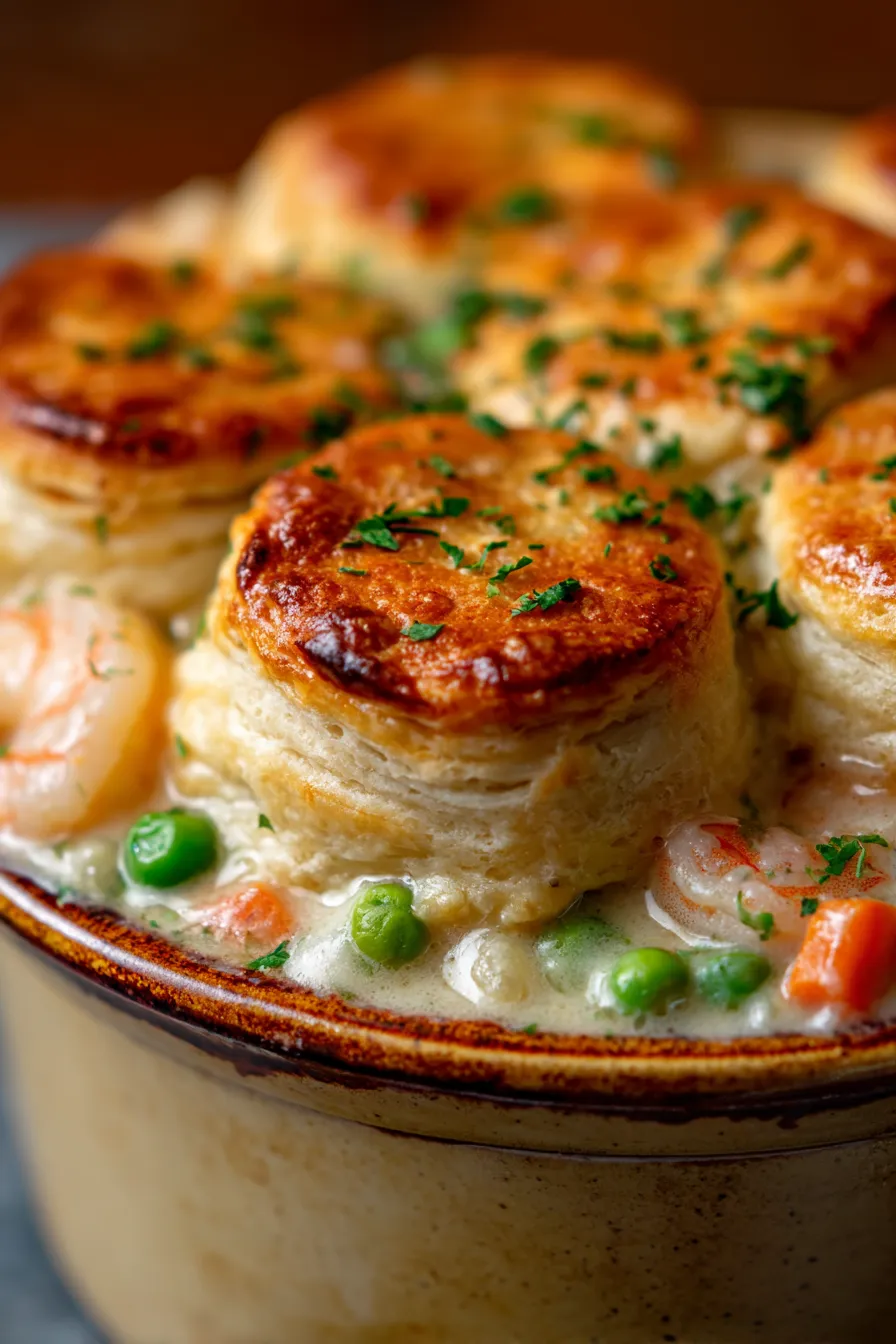 Cheddar Bay Biscuit Seafood Pot Pie-creamy filling-closeup