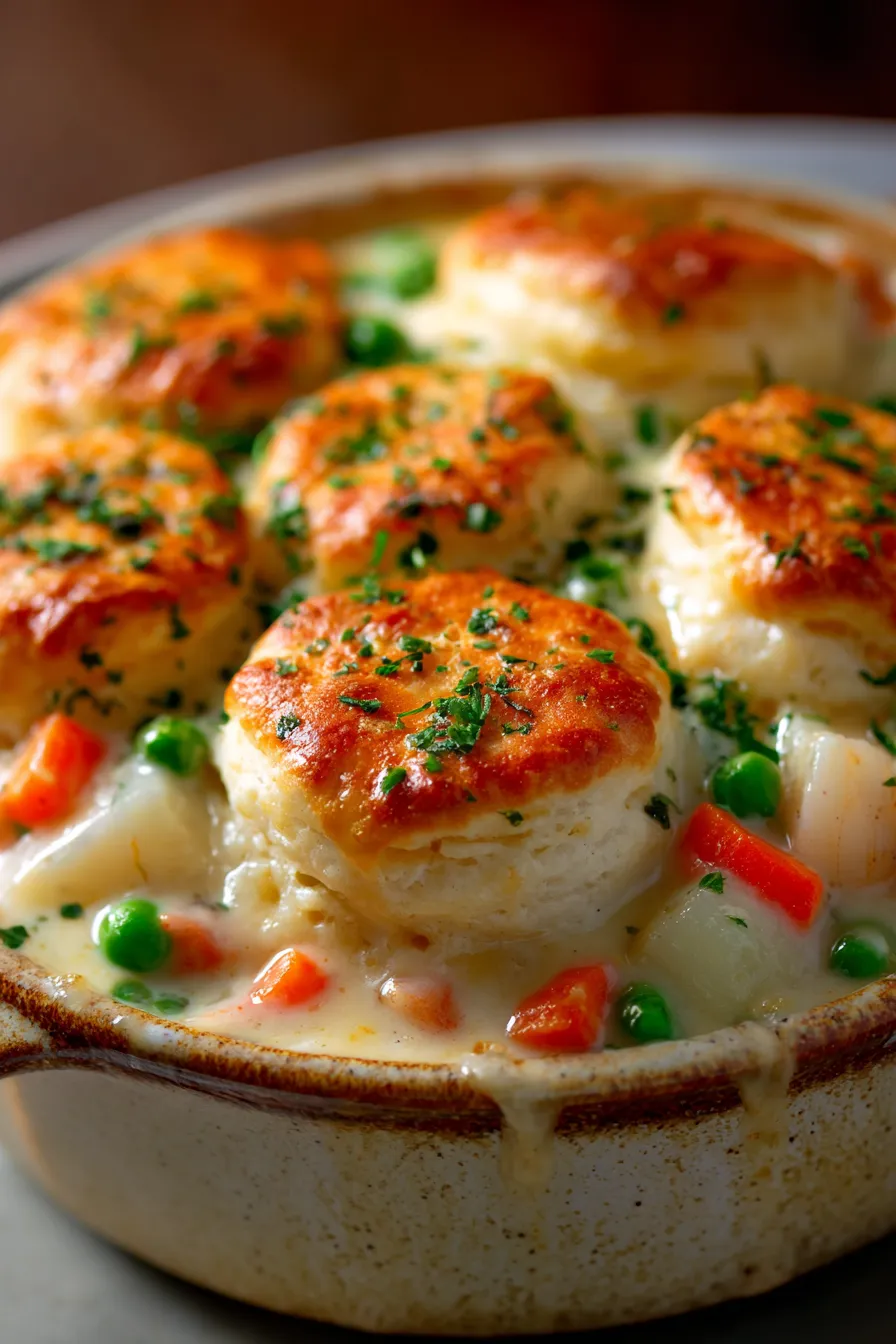 Cheddar Bay Biscuit Seafood Pot Pie-garnished-fresh herbs