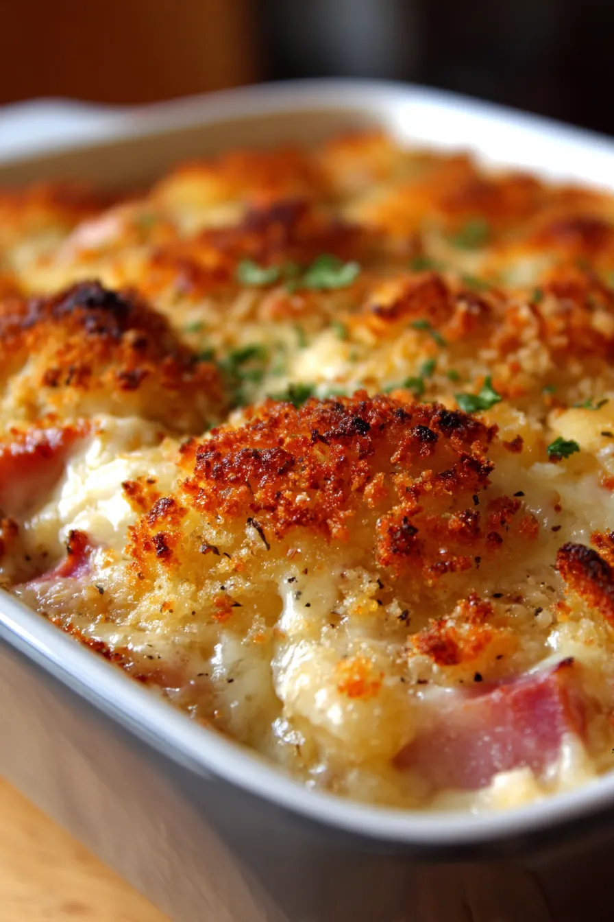 Chicken Cordon Bleu Casserole with Creamy Dijon Sauce-sliced-serving-sideview