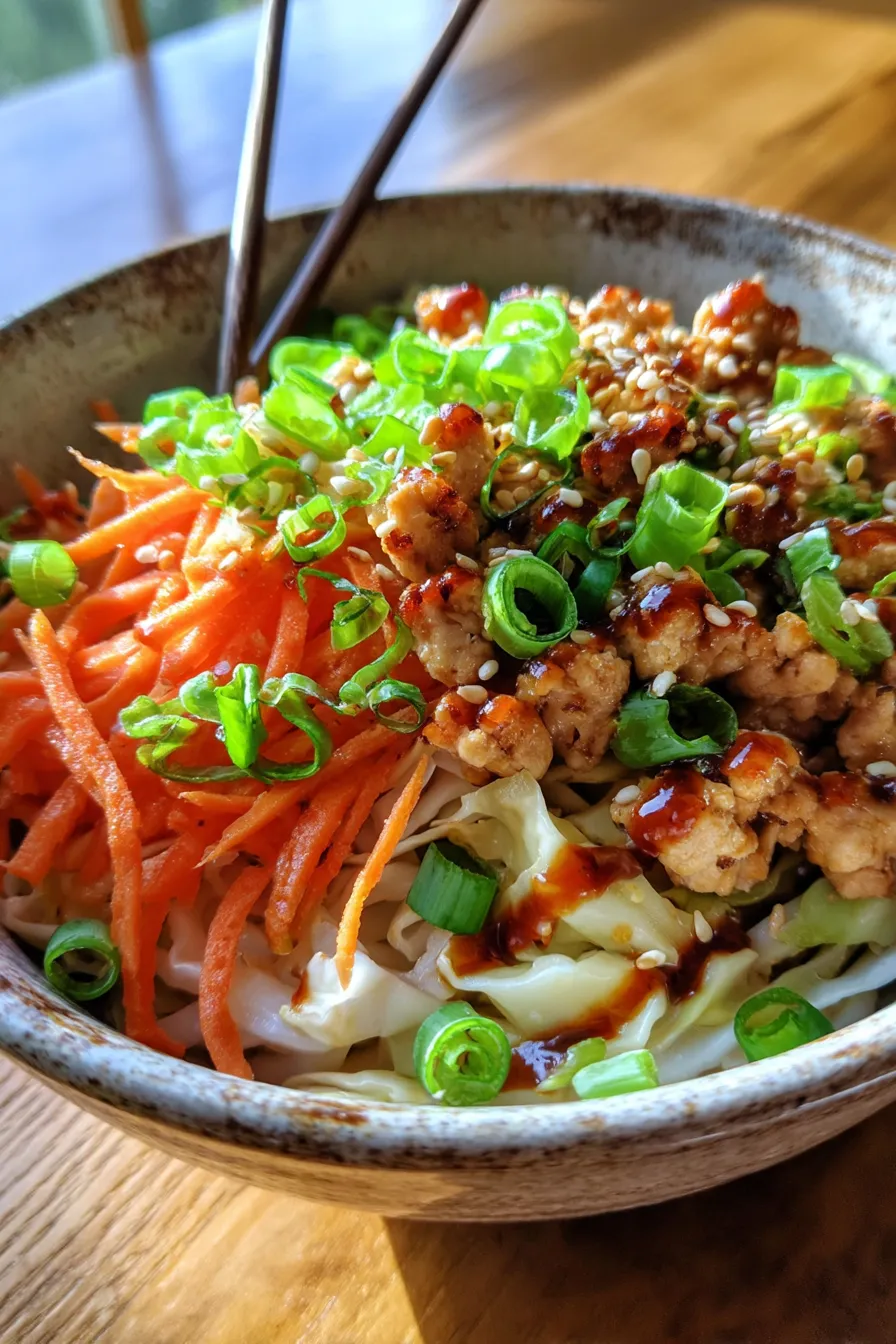 Chicken Egg Roll Bowls-garnished-closeup-texture