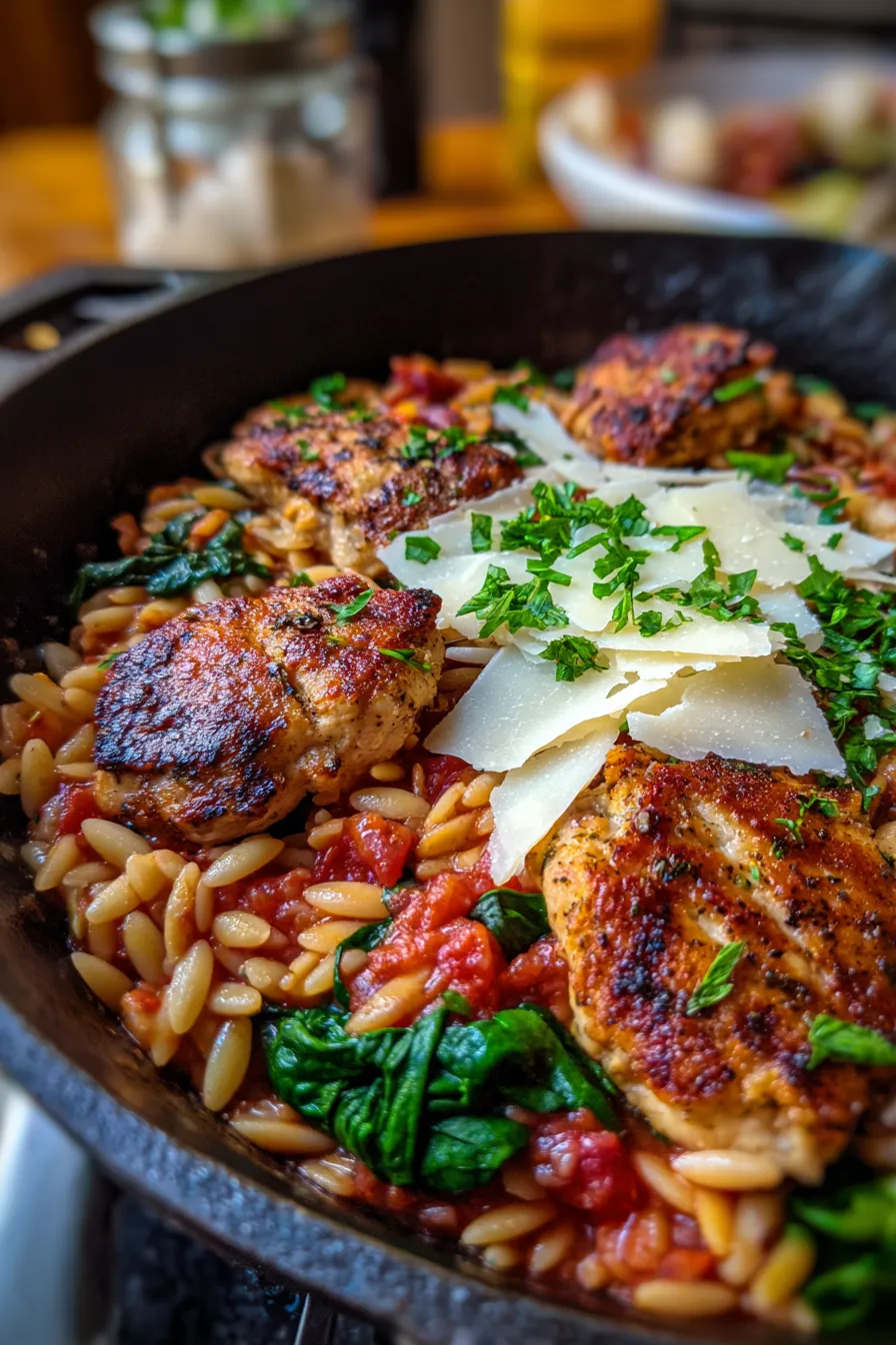 Chicken Orzo Skillet-garnished-served