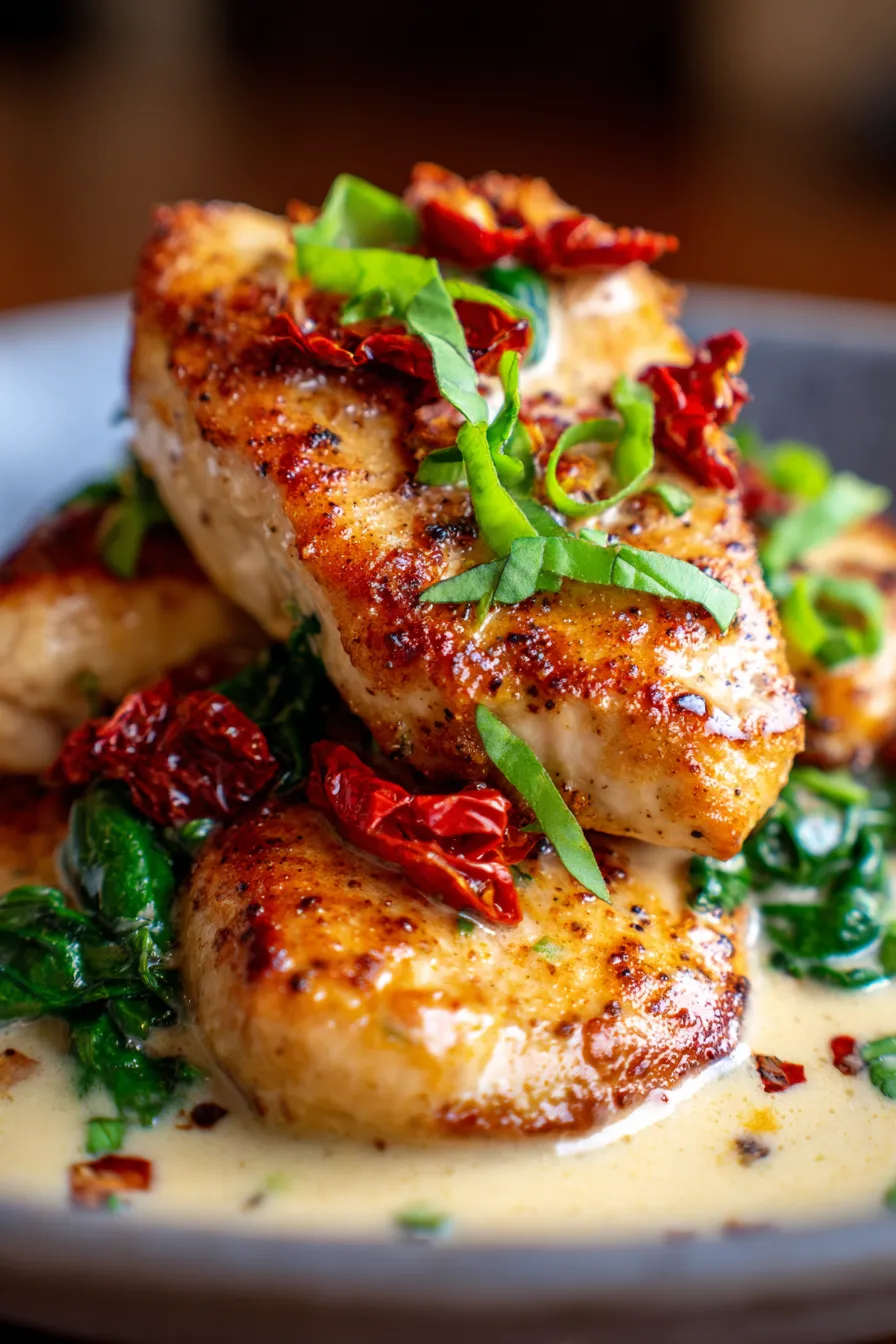 Close-up of Marry Me Chicken sauce texture with wilted spinach