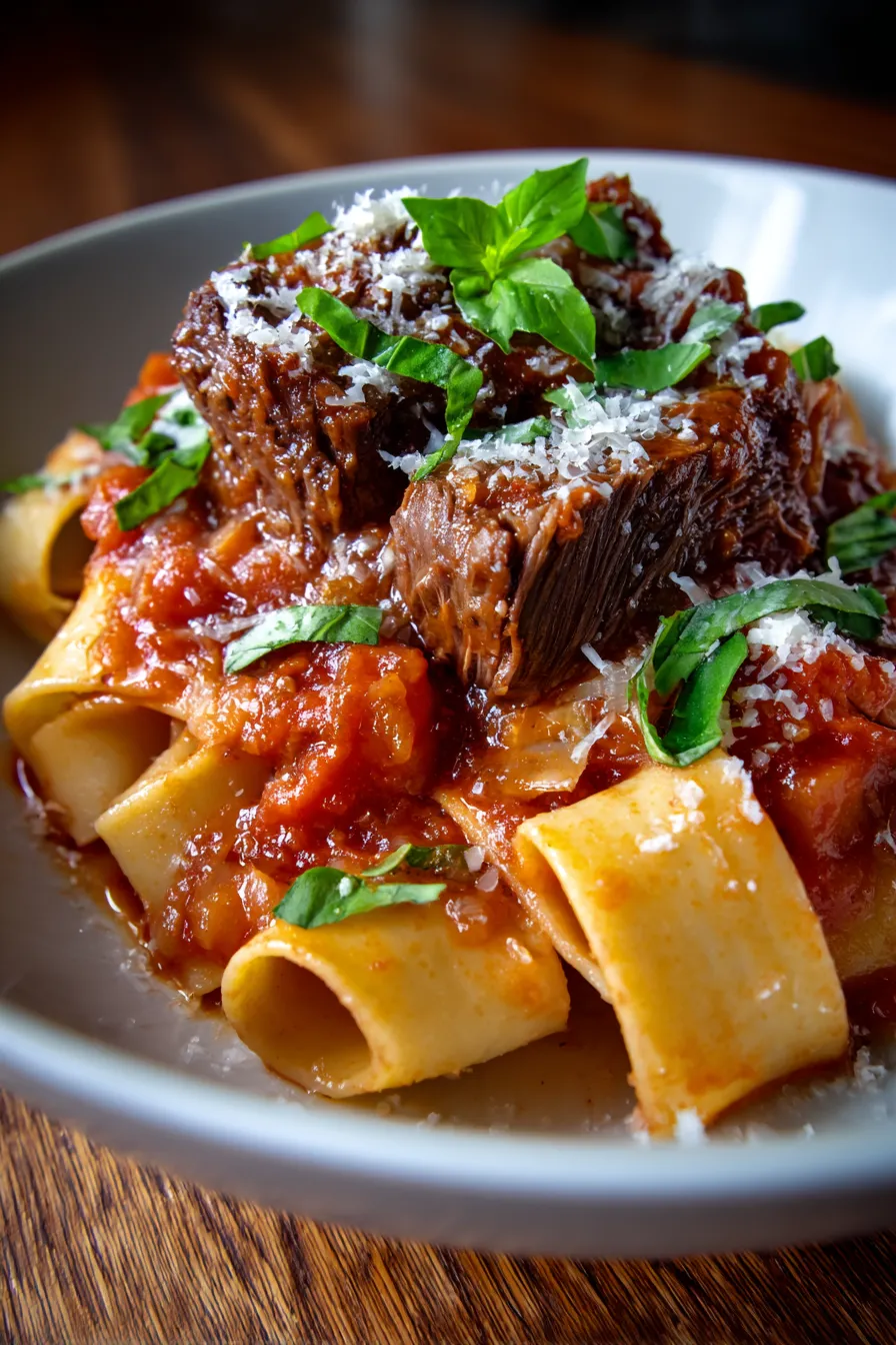 Close up of tender short ribs in ragu