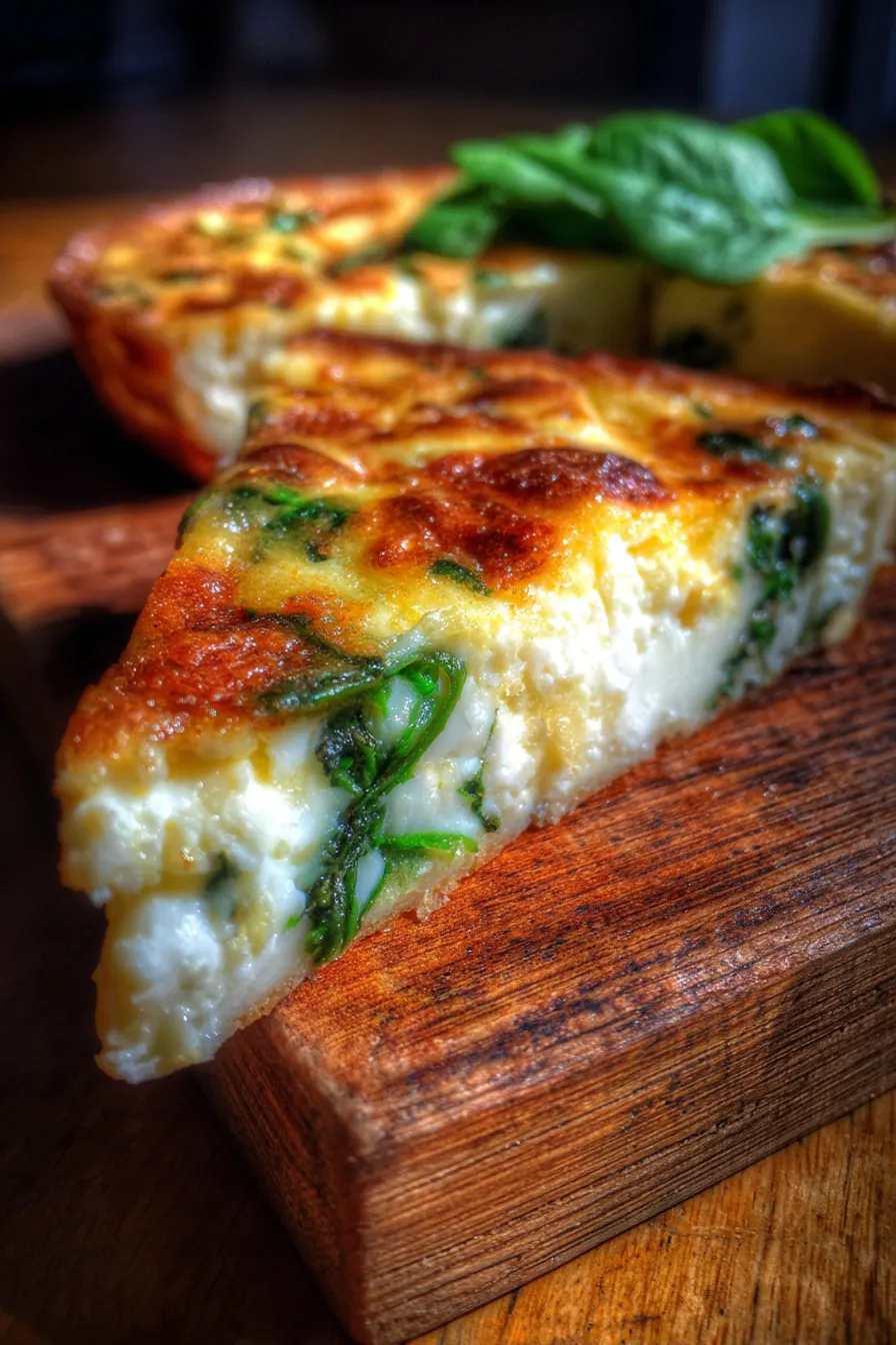 Cottage Cheese and Spinach Crustless Quiche-slice-texture-closeup