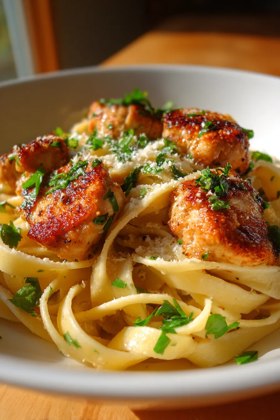 creamy chicken noodles close-up