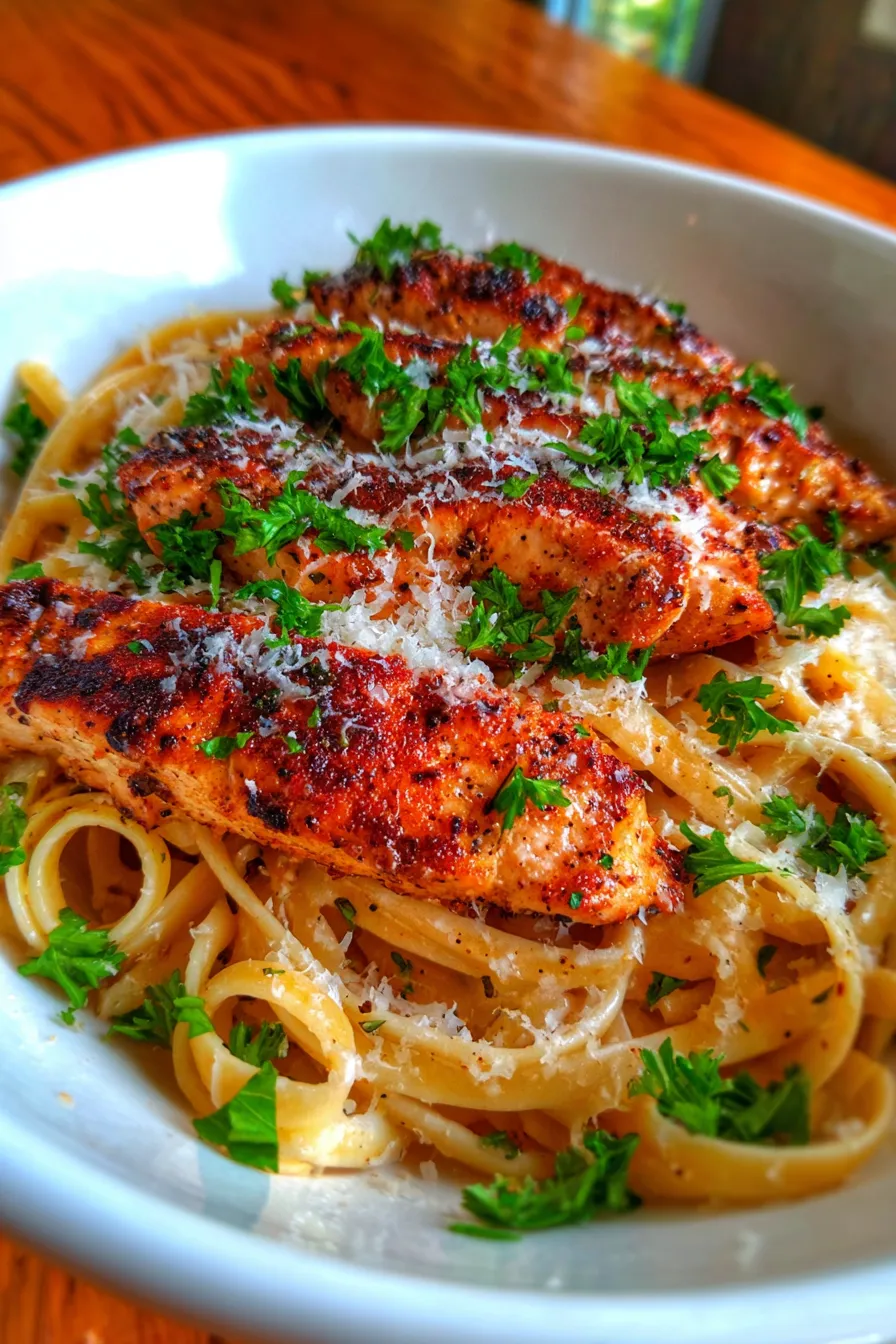 Creamy chicken pasta close-up texture