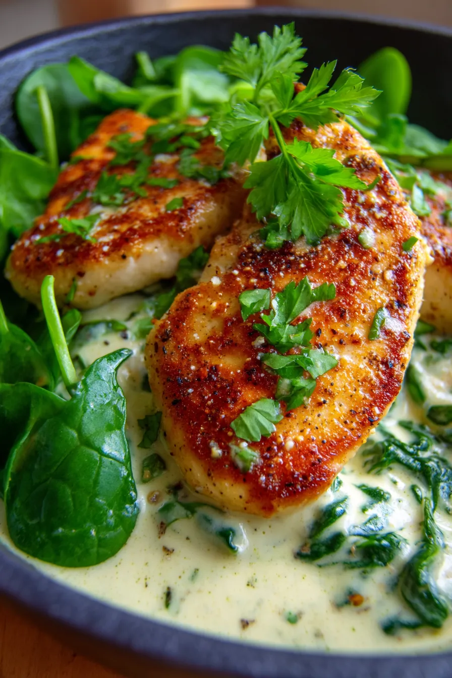 Creamy Chicken with Spinach Parmesan Sauce, close-up, luscious sauce, garlic