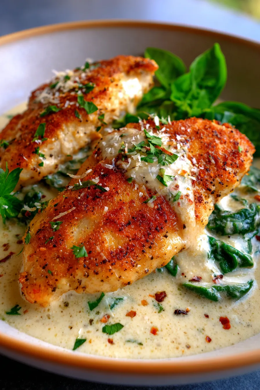 Creamy Chicken with Spinach Parmesan Sauce, overhead view, skillet meal, rustic