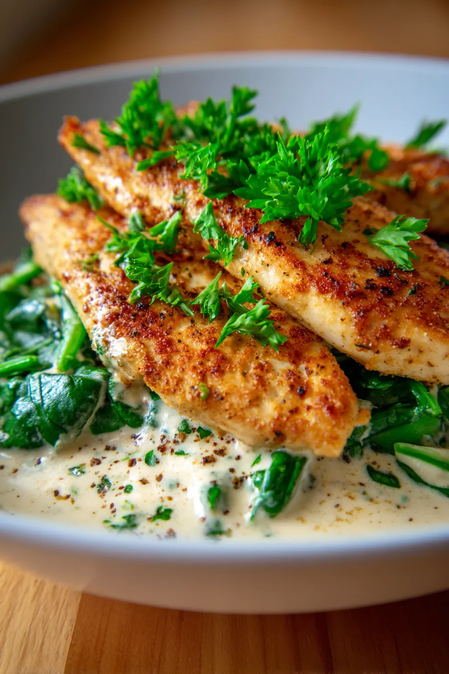 Creamy Chicken with Spinach Parmesan Sauce, plated dish, elegant presentation, parsley garnish