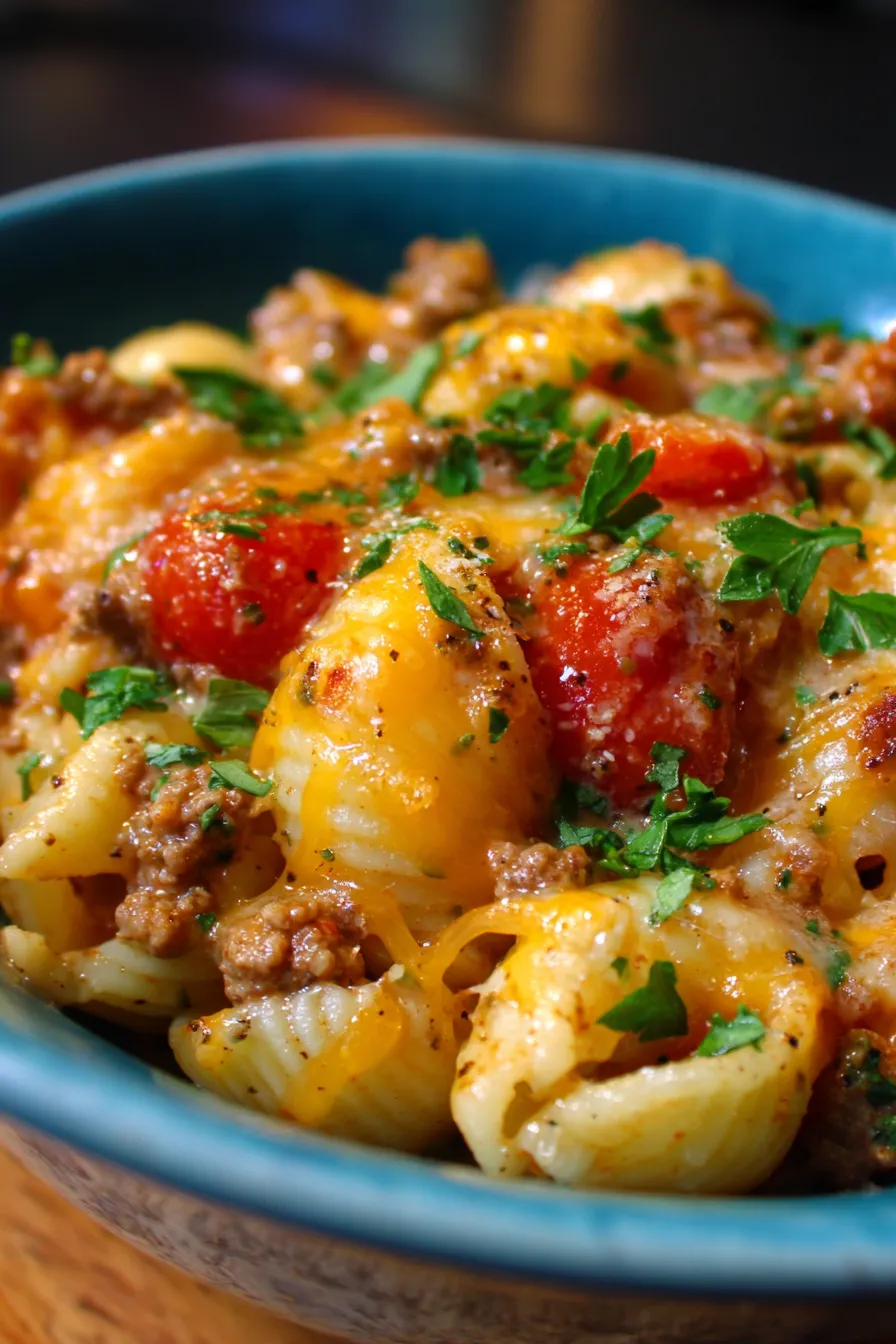 Creamy Rotel Pasta with Ground Beef - closeup, texture, steam, fork