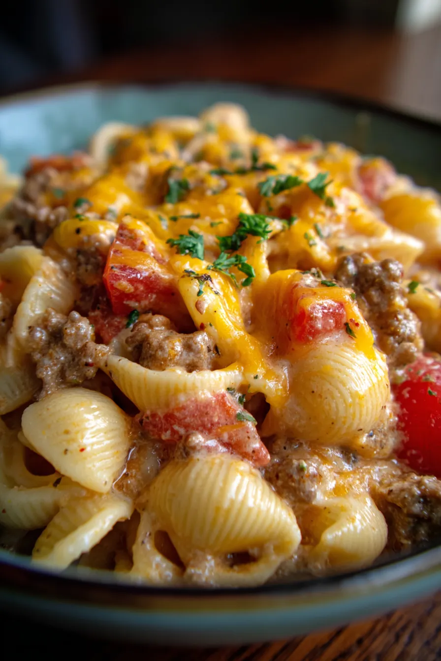 Creamy Rotel Pasta with Ground Beef - fresh herbs, garnished, rustic wooden table