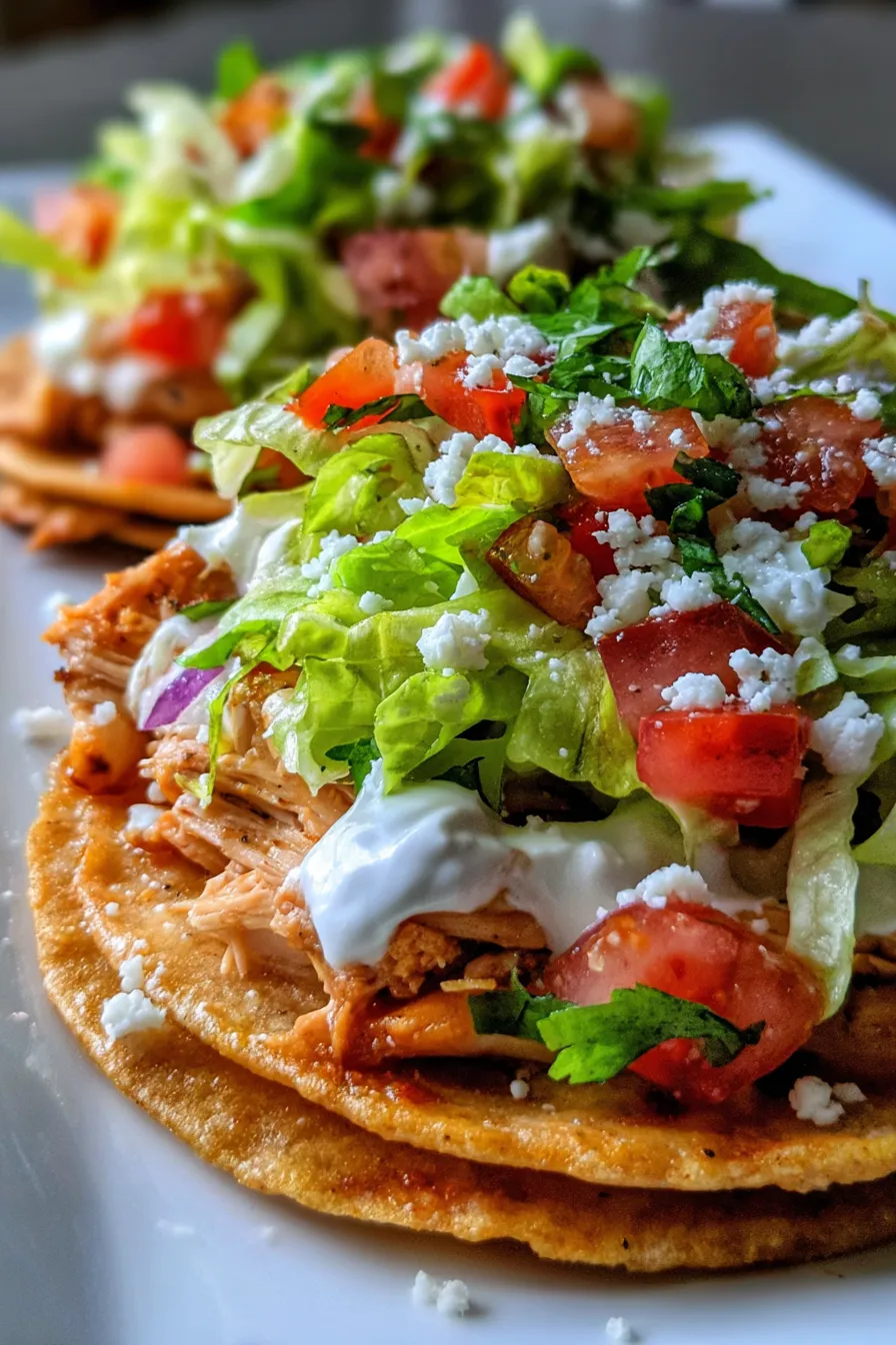 Crispy Chicken Tostadas with toppings closeup