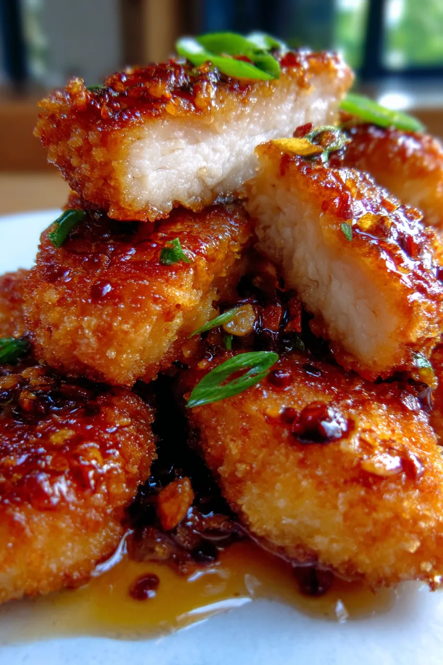 Double Crunch Honey Garlic Chicken Fillets, golden brown texture, studio lighting