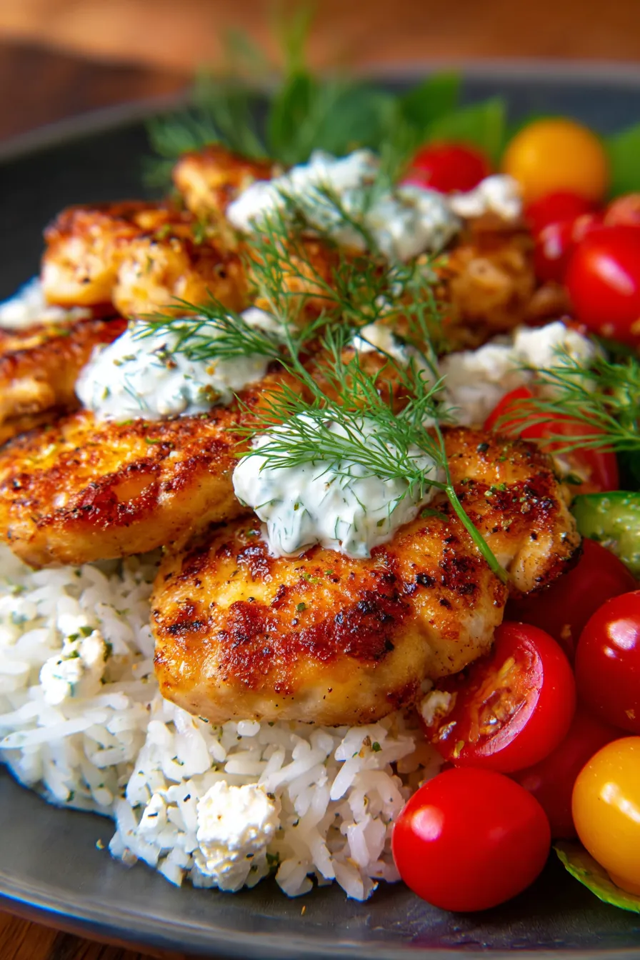 Dump-and-Bake Chicken Tzatziki with Rice, garnished with fresh dill, lemon, feta, overhead shot