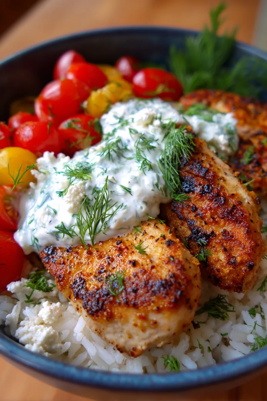 Dump-and-Bake Chicken Tzatziki with Rice, plated serving, close up, steam rising