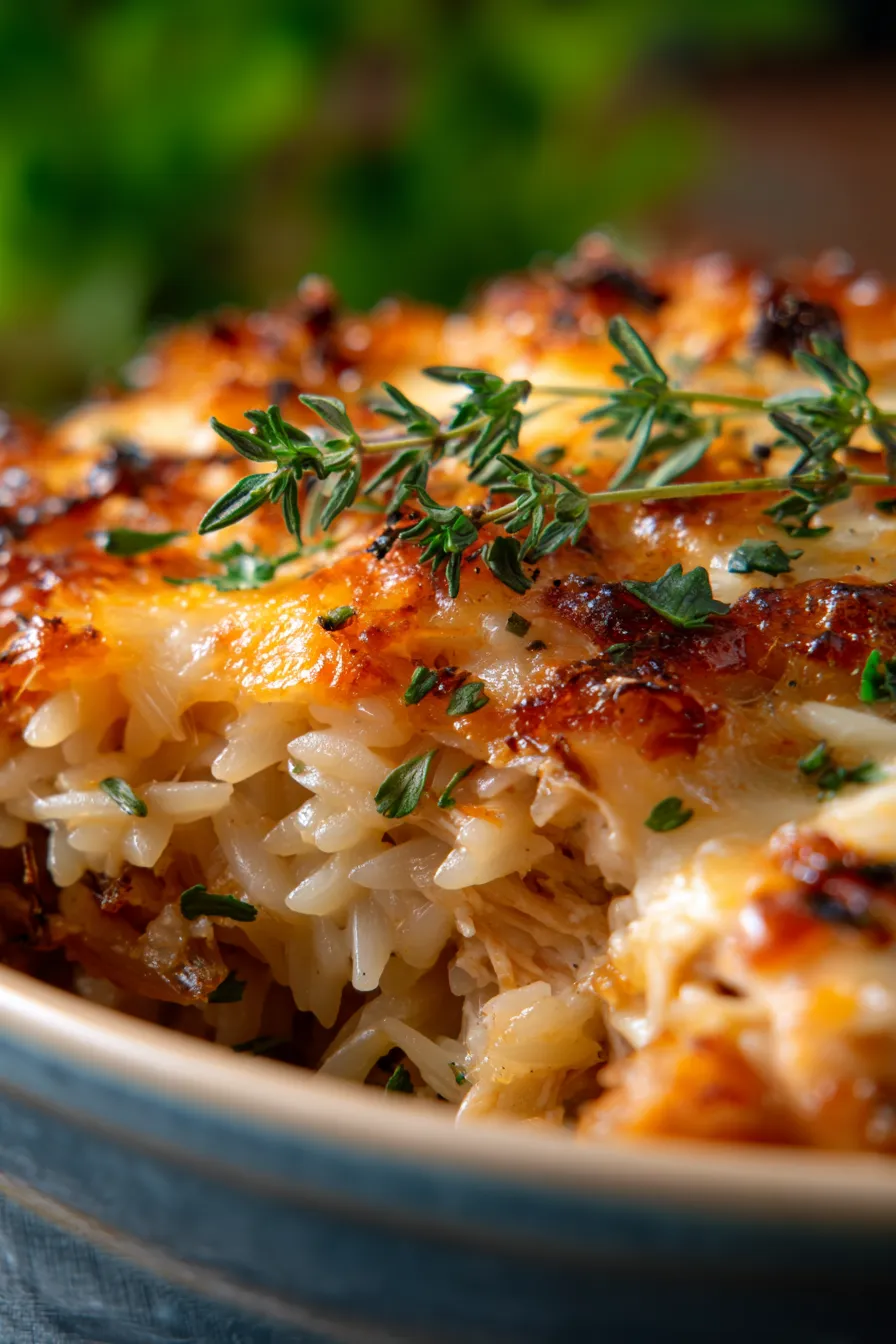 French Onion Chicken Orzo Casserole Bake-creamy-texture-closeup