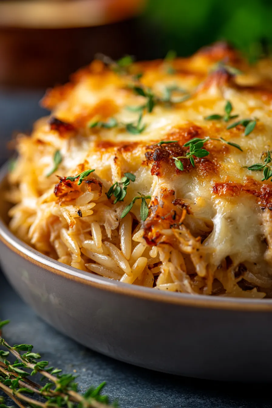 French Onion Chicken Orzo Casserole Bake-serving-spoon