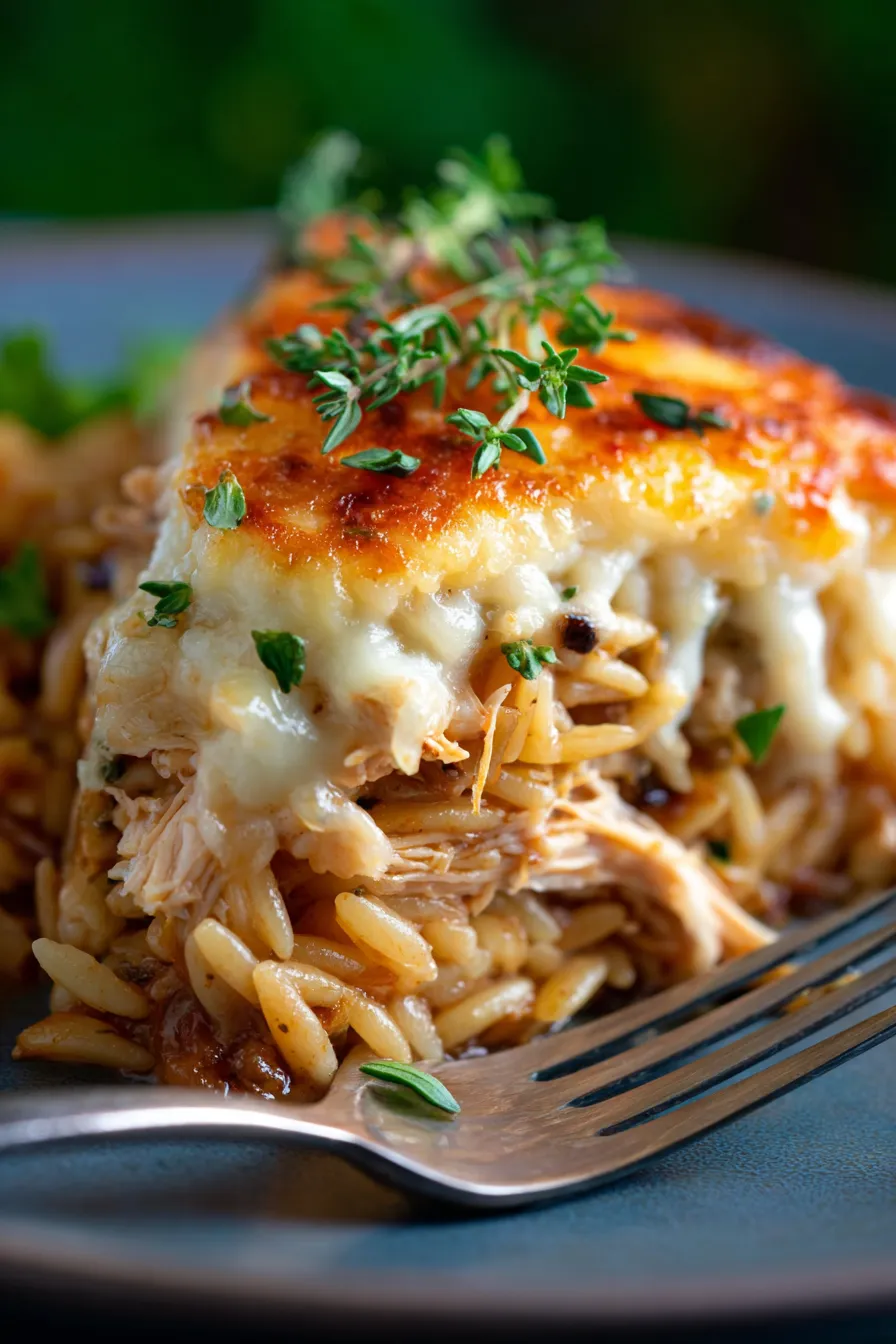 French Onion Chicken Orzo Casserole-cheesy-texture-closeup