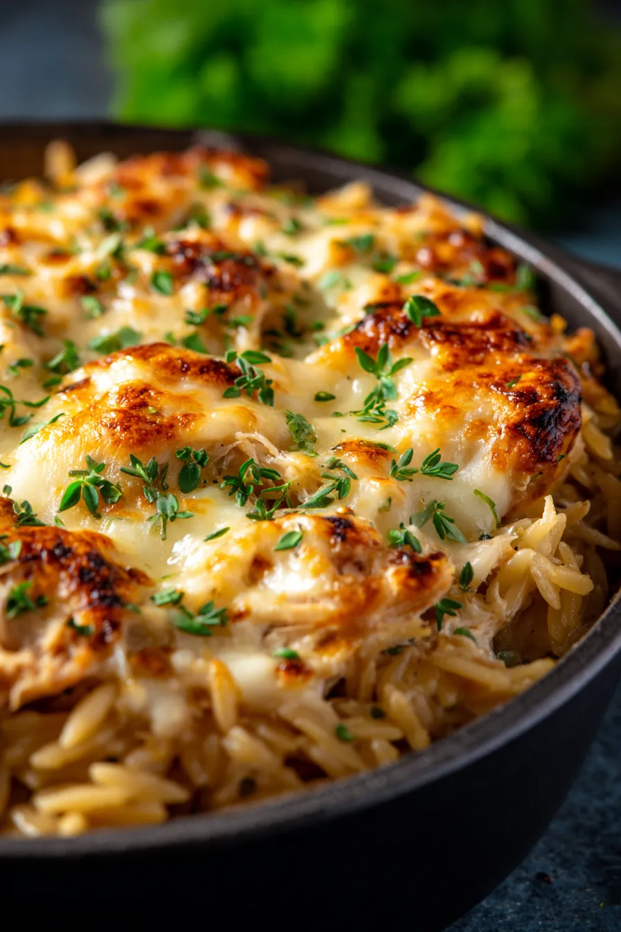 French Onion Chicken Orzo Casserole-golden-crust