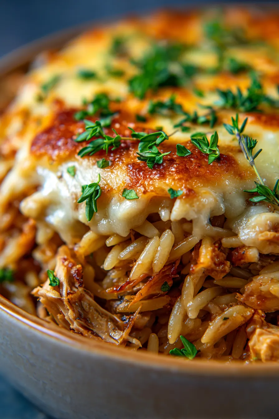 French Onion Chicken Orzo Casserole-serving-bowl