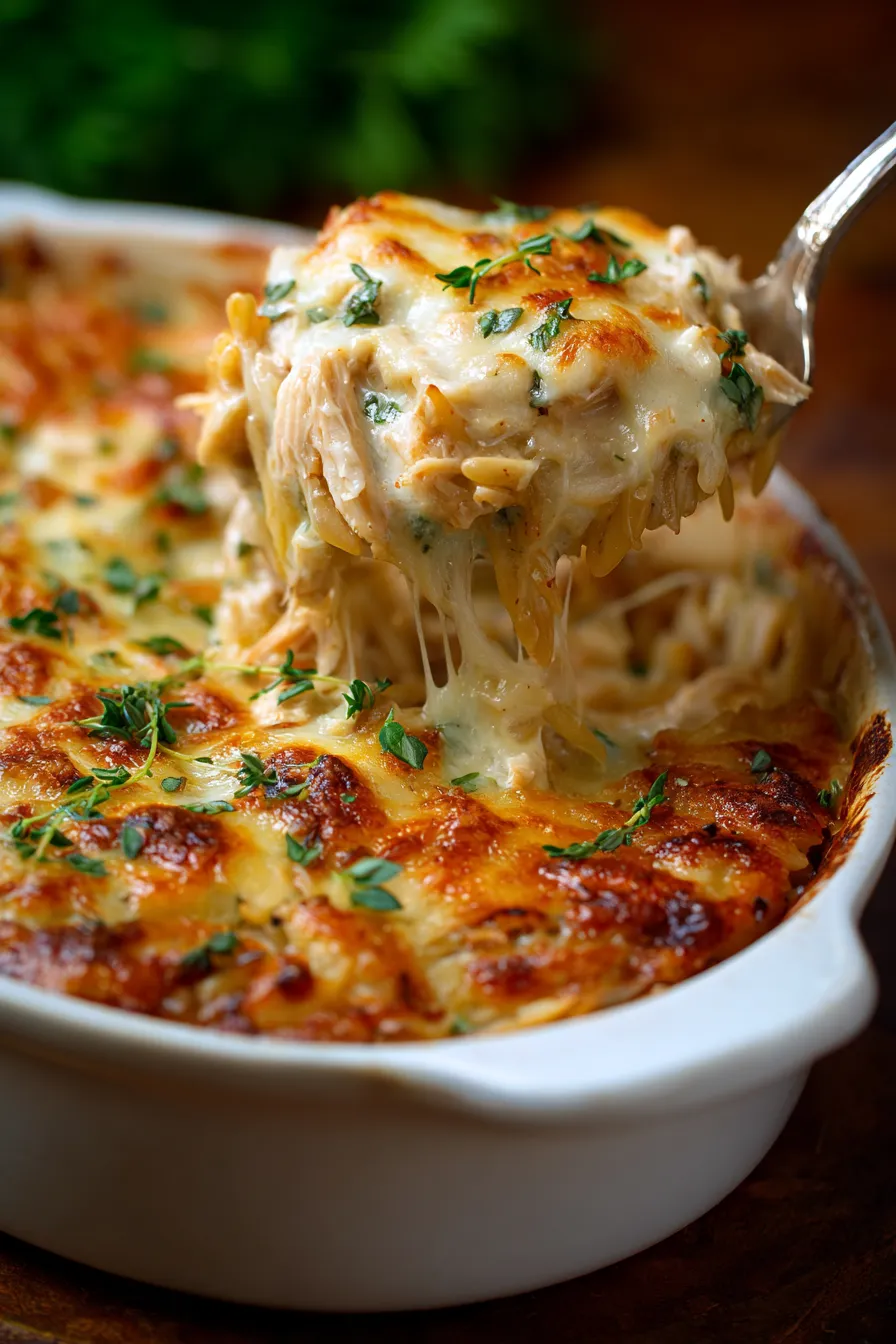 French Onion Chicken Orzo Casserole-texture-closeup