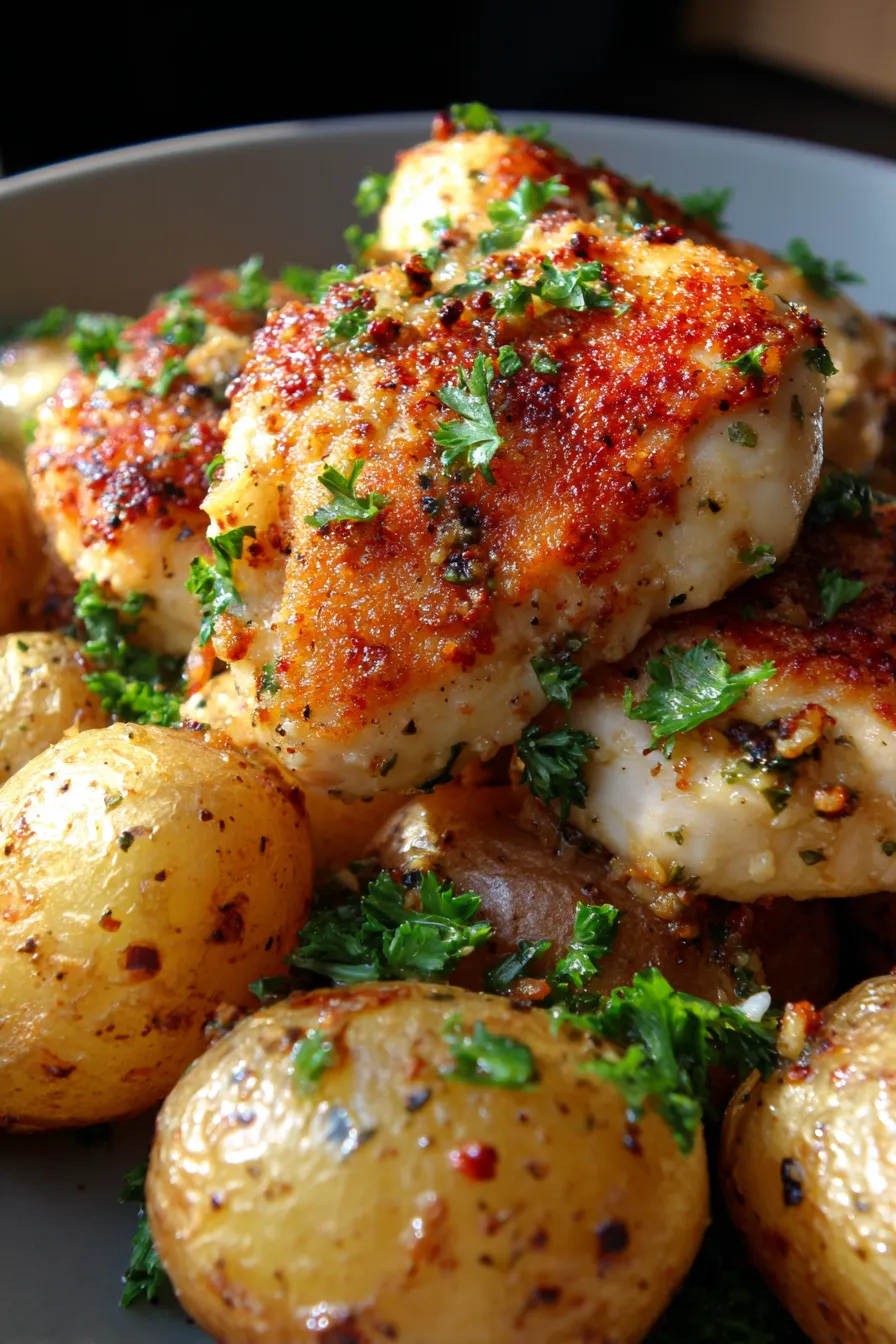 Garlic Parmesan Chicken and Potatoes (One-Pan)-garlicky-potatoes