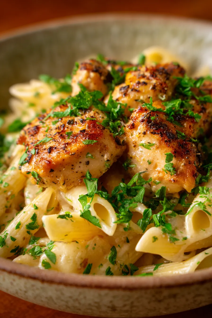 Garlic Parmesan Chicken Pasta – creamy sauce closeup