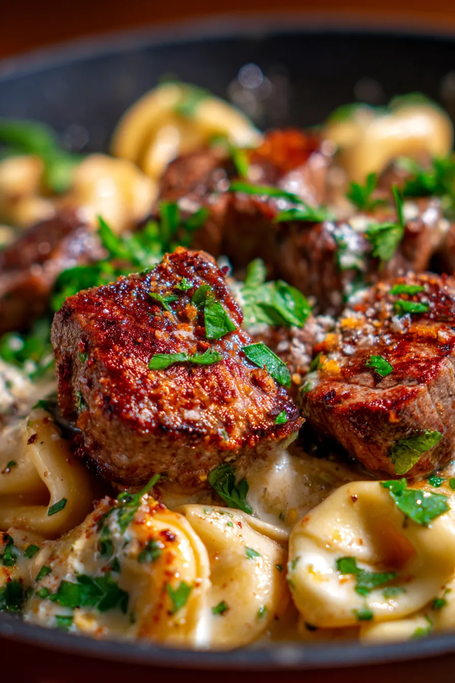Garlic Steak Tortellini Skillet-close-up-sauce