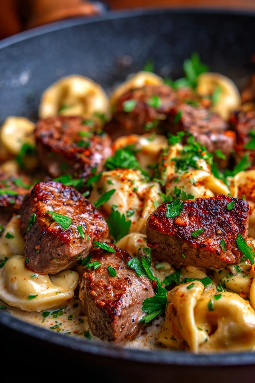 Garlic Steak Tortellini Skillet-plate-serving