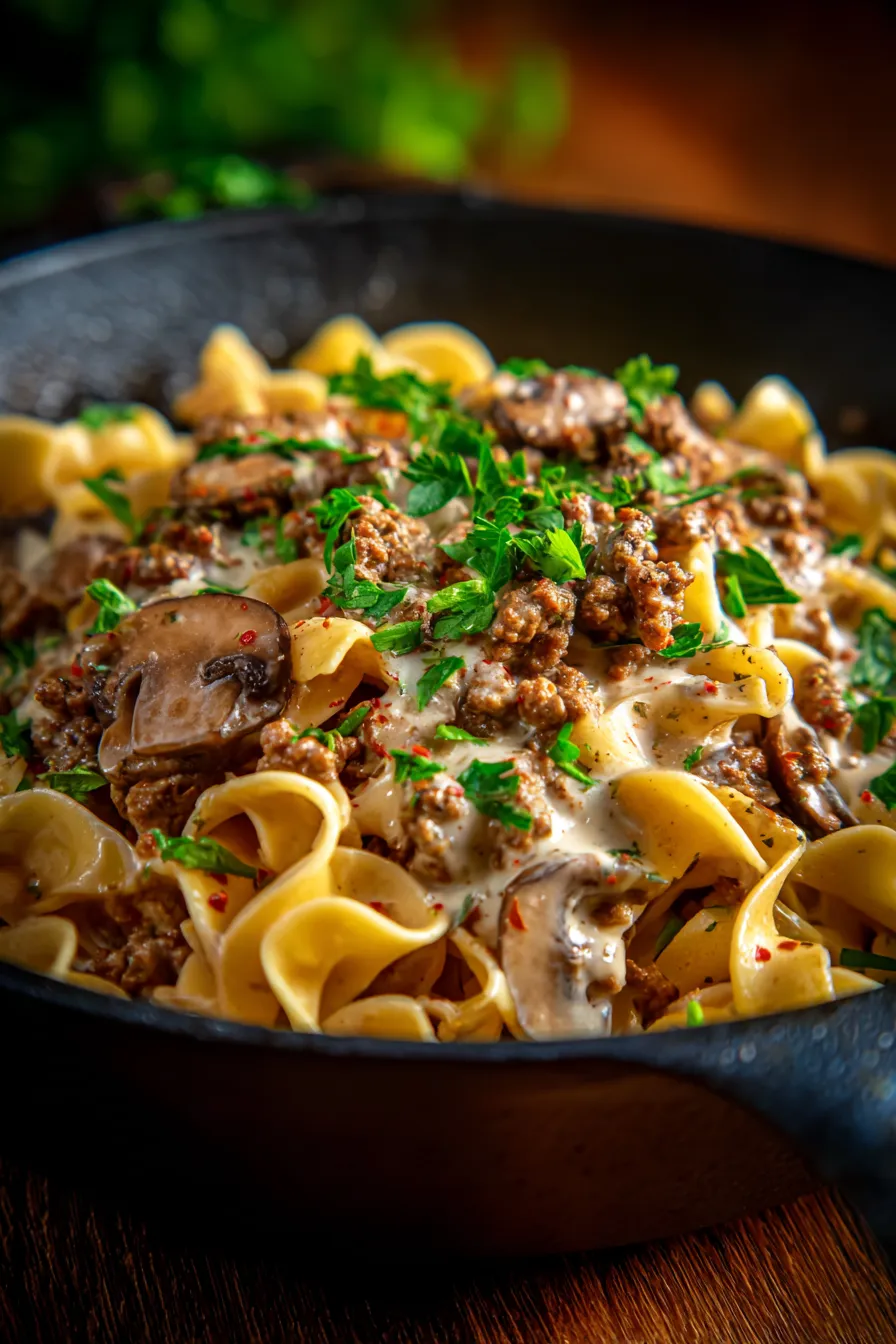 Ground Beef Stroganoff Skillet-serving-garnish-parsley