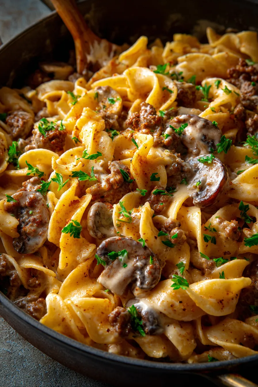 Ground Beef Stroganoff Skillet-texture-creamy-closeup