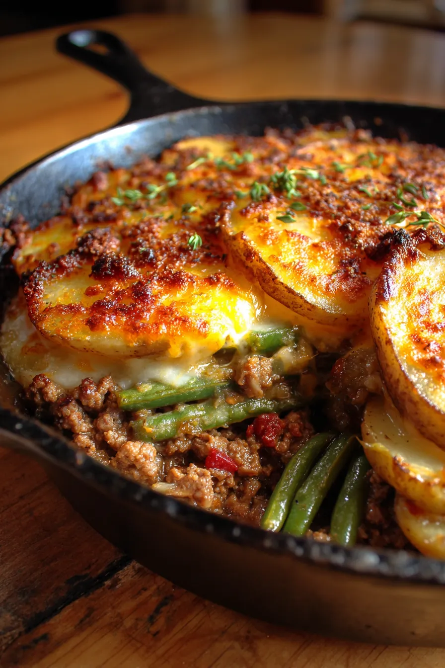 Hearty beef and vegetable bake serving spoon