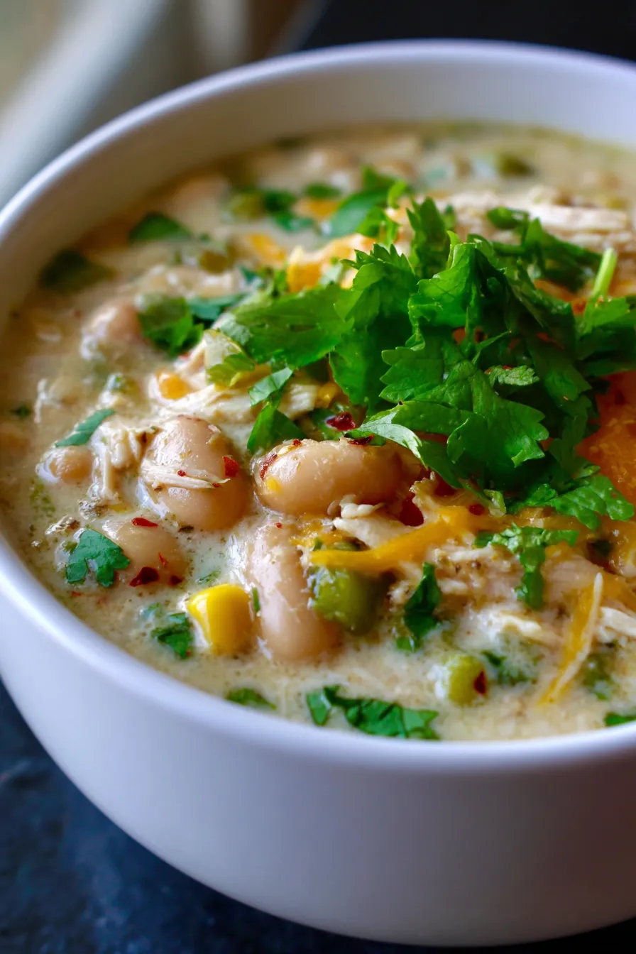 High Protein White Chicken Chili-garnished-sideview