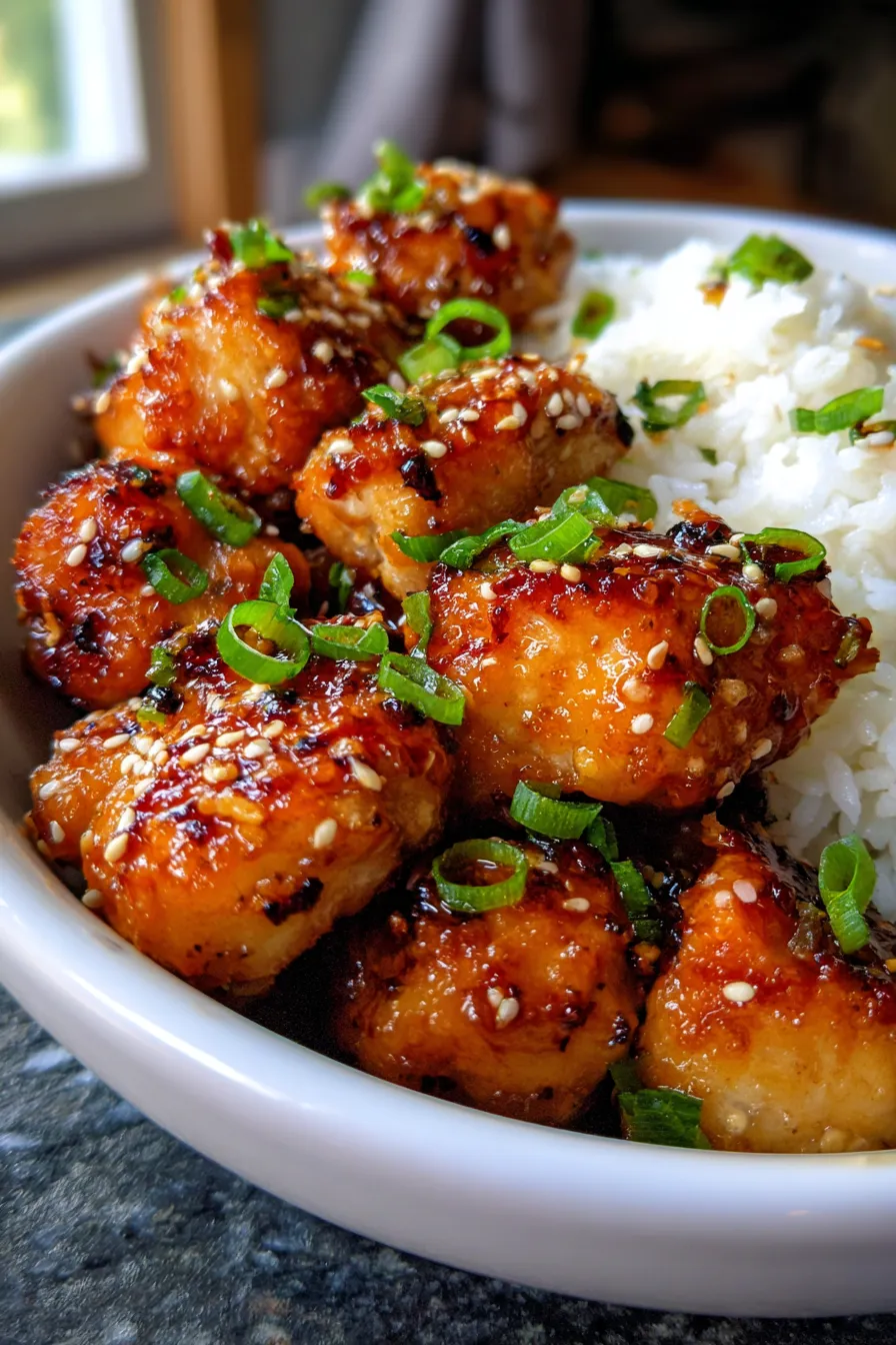 Homemade sesame chicken with rice and broccoli